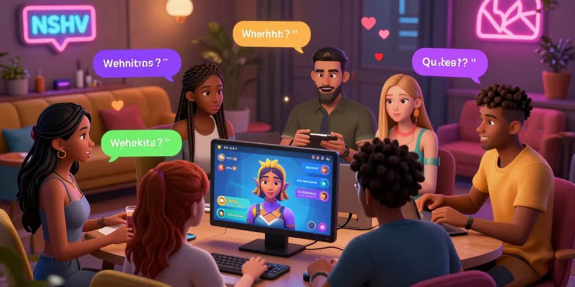 Engaging NSFW chat scene with diverse characters in playful conversation and vibrant virtual environment
