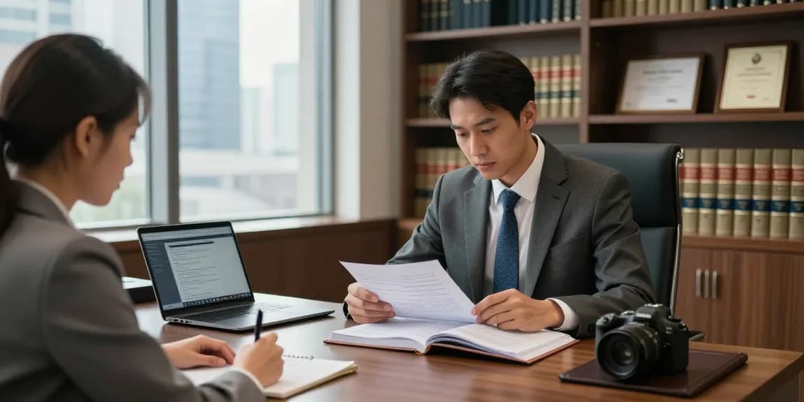 Attorney guiding a client to try what he says during a legal consultation in a modern office.