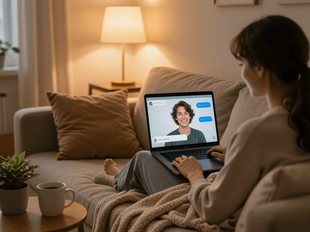 Engaging in ai sex chat in a cozy setting with a warm atmosphere.
