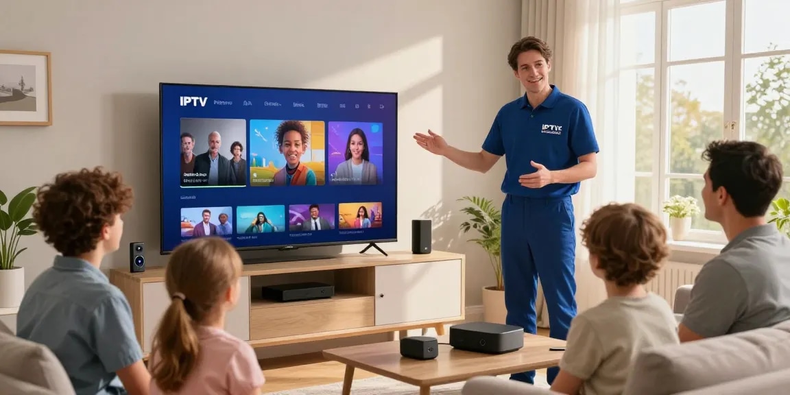 Trusted IPTV UK provider assisting customers with IPTV setup in their living room, showcasing reliable streaming services.