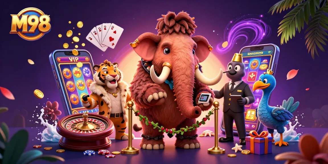 Win big at M98 with vibrant casino scenes featuring characters like a bouncer mammoth and a VIP saber-tooth tiger.