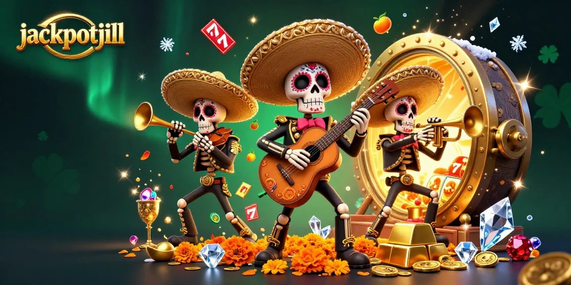 Experience jackpots with jackpotjill in this vibrant 3D mariachi scene filled with slot symbols and treasures.