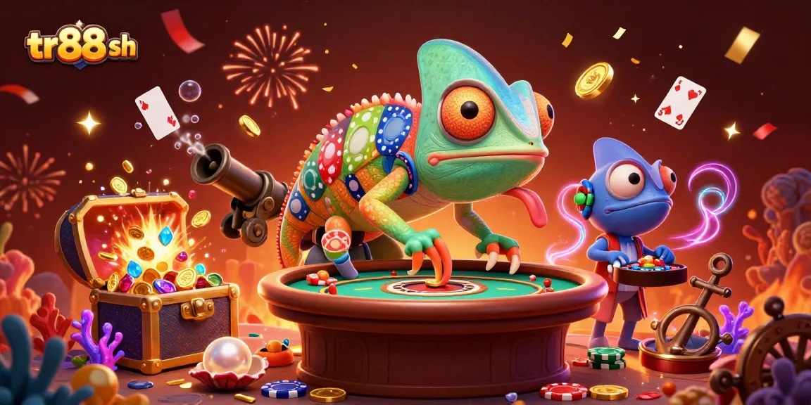 Join the excitement at tr88 sh with a vibrant casino scene featuring a colorful chameleon and golden treasure!