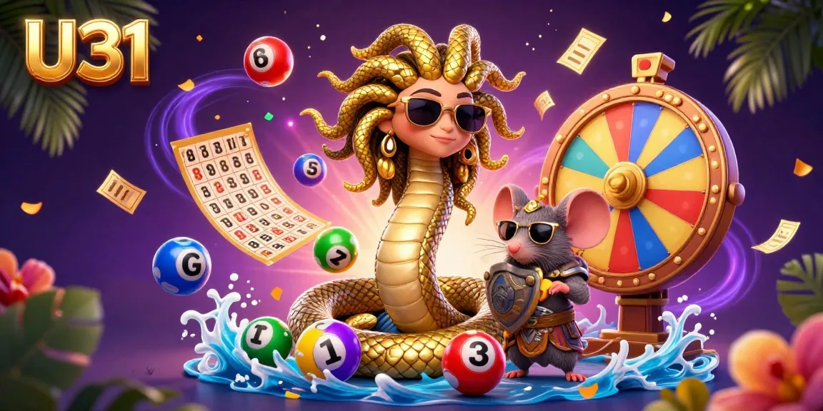 Experience the excitement of U31 with a vibrant 3D illustration of games and lottery elements, showcasing a unique themed casino atmosphere.