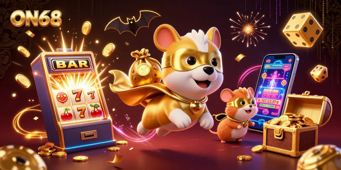Experience the thrill of ON68 with a superhero dog and hamster in a vibrant casino adventure.