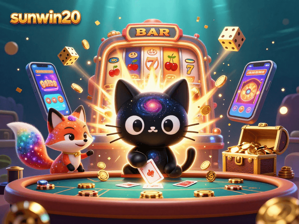 Experience the cosmic charm of sunwin20 with a black hole cat and nebula fox at a vibrant casino game table.
