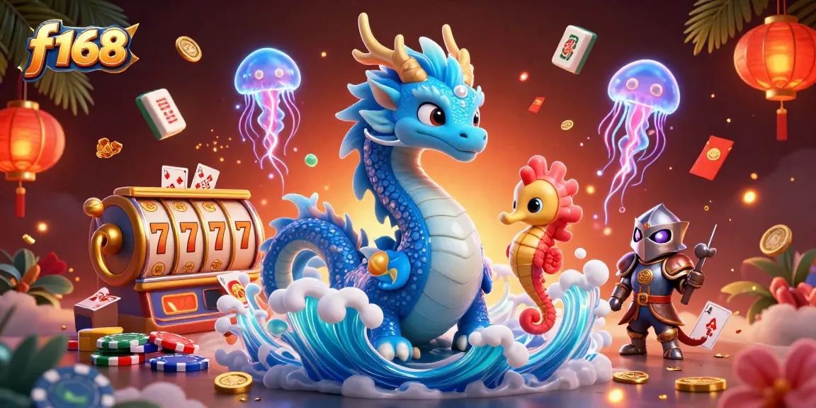 Experience f168 with a vibrant scene of a water dragon and seahorse knight amidst casino elements.
