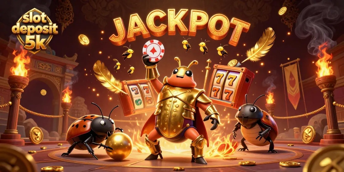 Engage with the slot deposit 5k scene featuring a victorious beetle, golden coins, and dynamic slot elements.