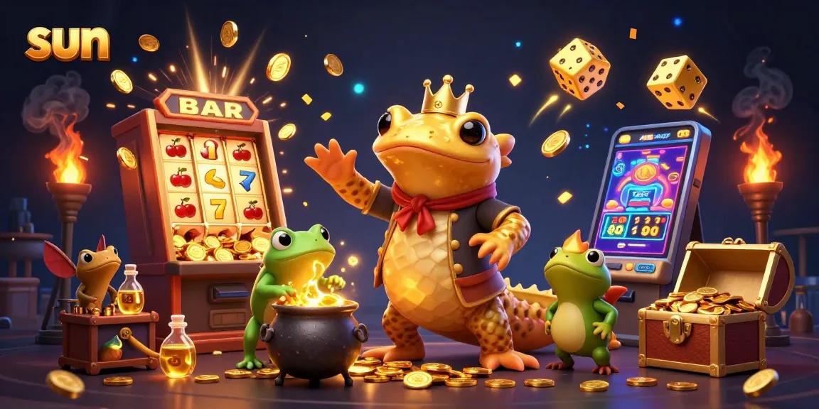 Spin the sun-themed slot machine while the golden salamander and friends celebrate wins!