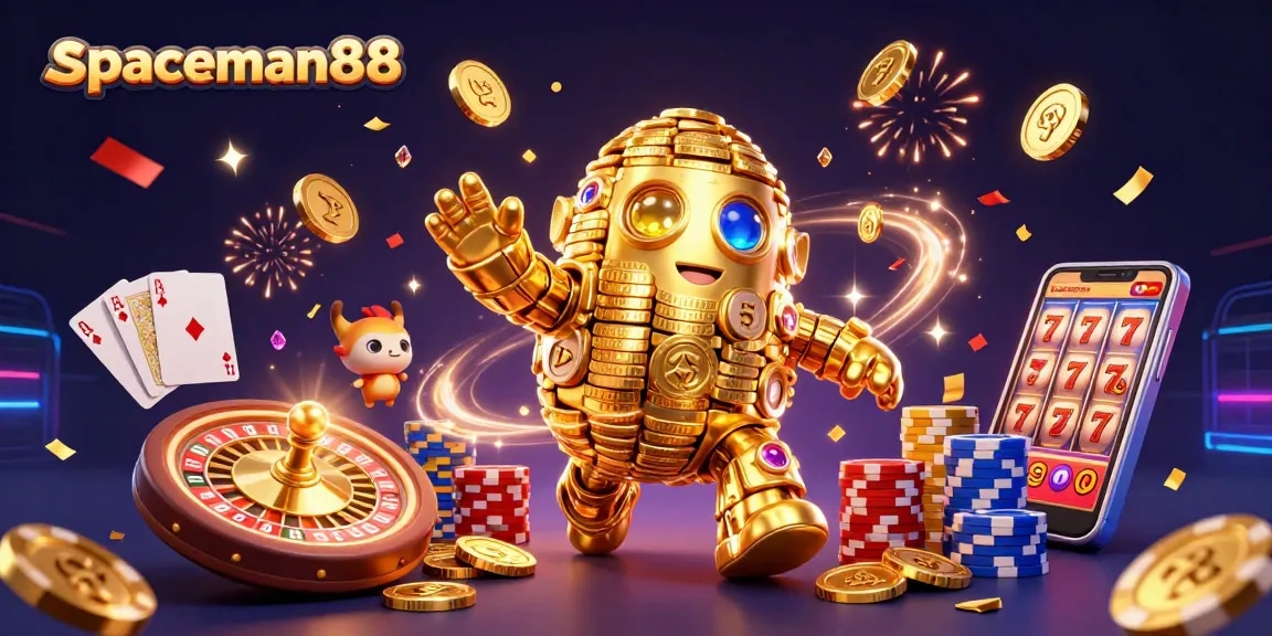 Engage with spaceman88's vibrant 3D illustration, showcasing a golden golem and dynamic casino elements.