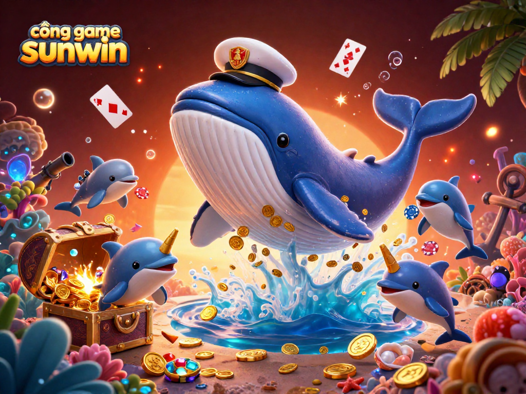 Experience thrilling gameplay at cổng game sunwin with playful dolphin tricks and a treasure-filled ocean scene.