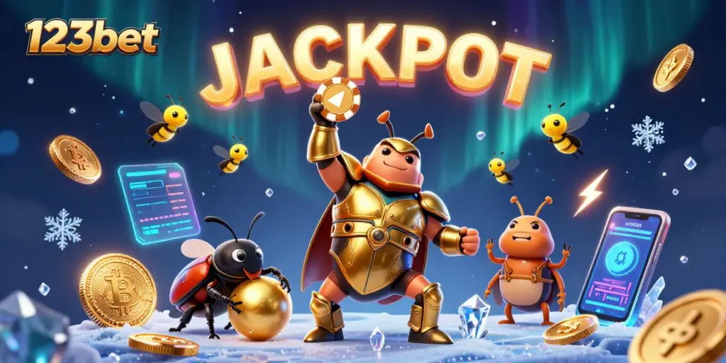 Experience the thrilling 123bet casino atmosphere lifting the jackpot and excitement with a unique beetle victory scene.