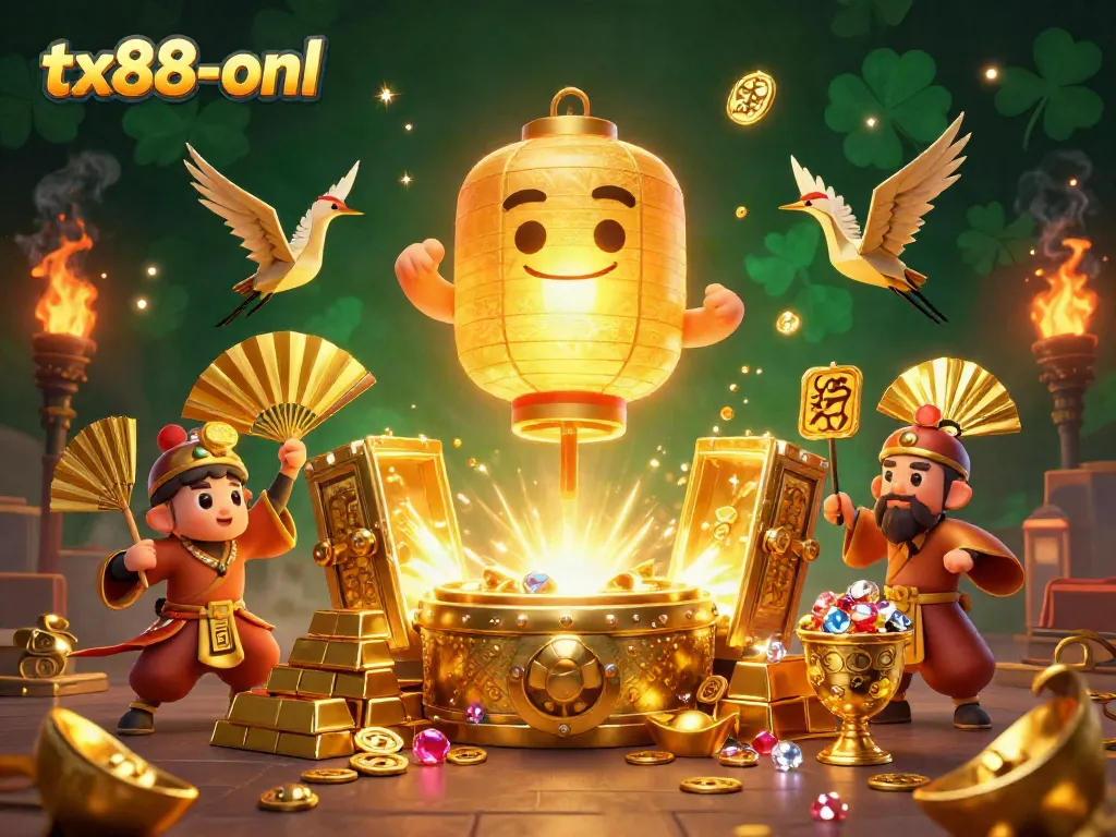 Experience thrilling wins on tx88-onl, featuring a stunning 3D gold lantern spirit soaring above dynamic casino scenes.