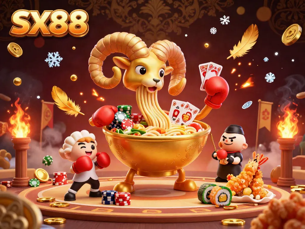 SX88 brings excitement with players gambling around a golden ramen bowl and sushi roll dealer during a lively casino scene.