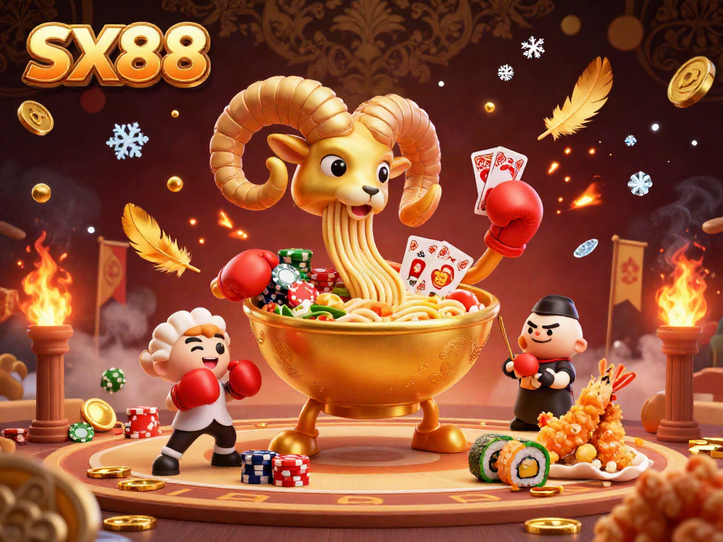SX88 brings excitement with players gambling around a golden ramen bowl and sushi roll dealer during a lively casino scene.