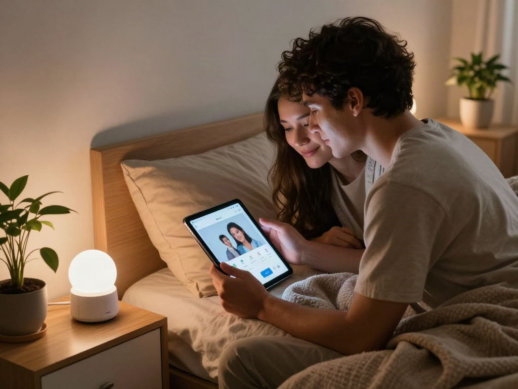 Couple using AI device in cozy bedroom to enhance their ai sex experience