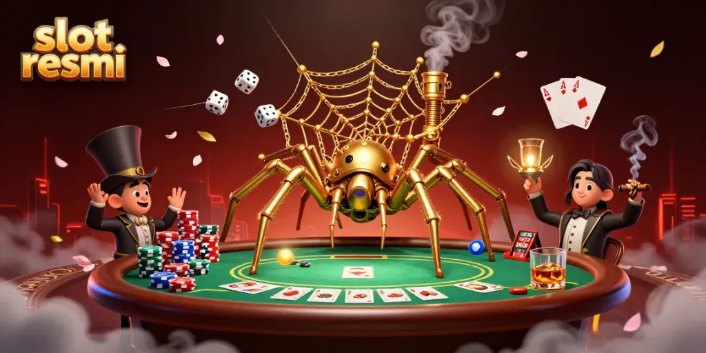 Experience the thrill of slot resmi with a steampunk spider and poker-themed atmosphere.