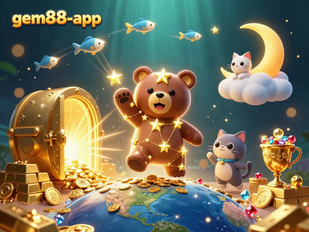 Players experience gem88-app's excitement with animated characters and treasure in a vibrant environment.