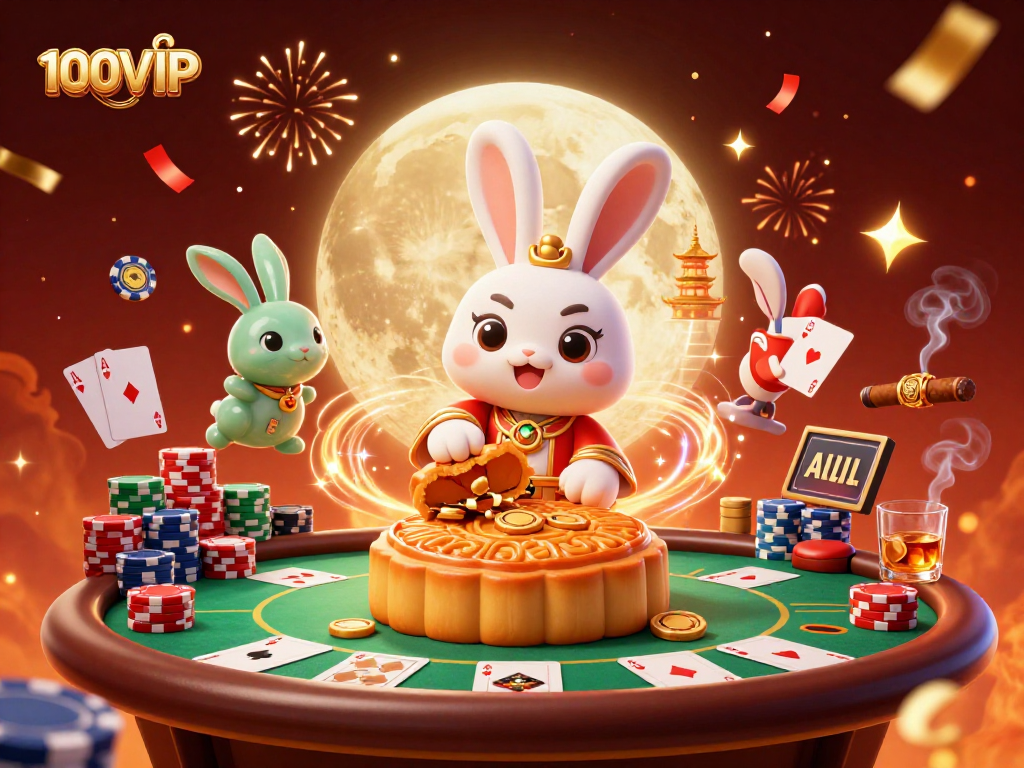 Experience the excitement of 100VIP with a vibrant illustration of poker-themed moon festivities.