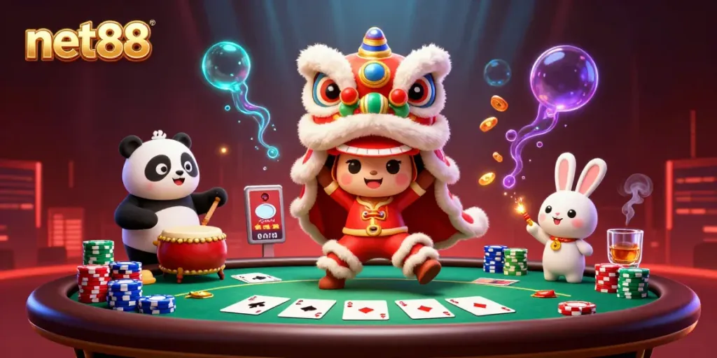 Experience vibrant celebrations of net88 with dancing lions and poker elements in a lively casino scene.