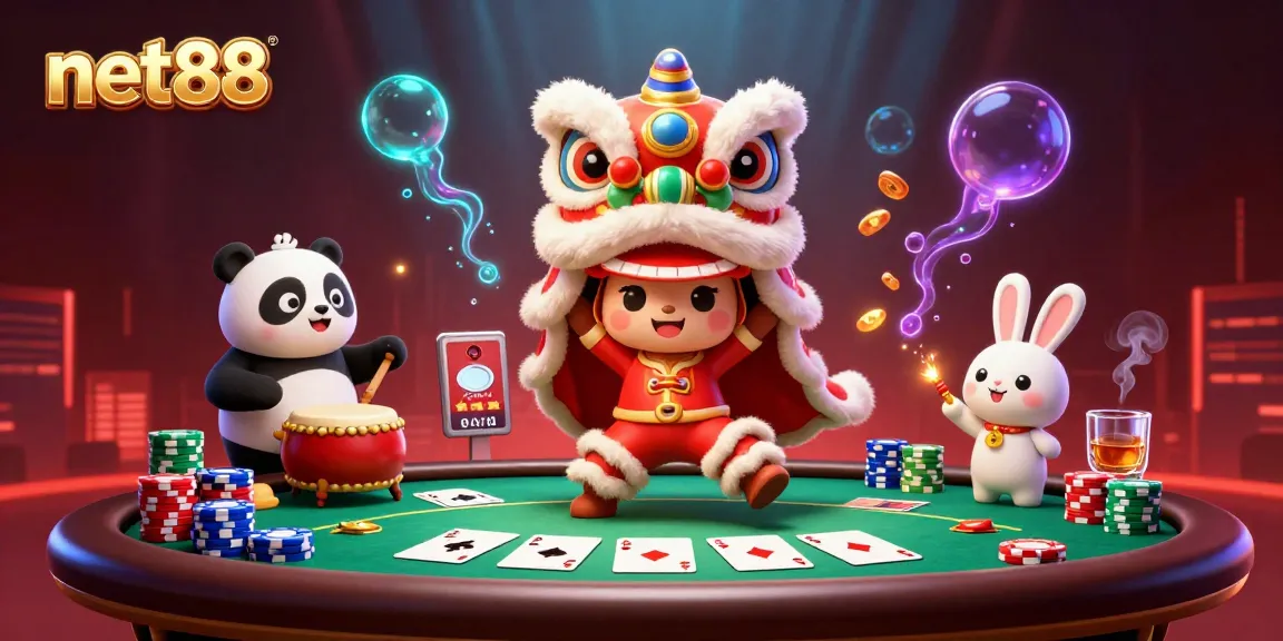 Experience vibrant celebrations of net88 with dancing lions and poker elements in a lively casino scene.