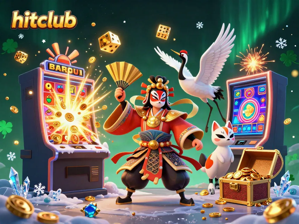 Experience winning vibes at hitclub with vibrant slot machines and engaging characters in a casino-themed illustration.