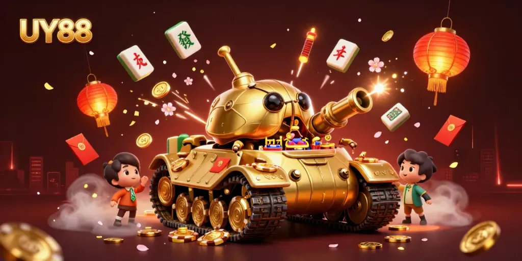 Experience vibrant gameplay at UY88 with a unique casino scene featuring a golden beetle tank.