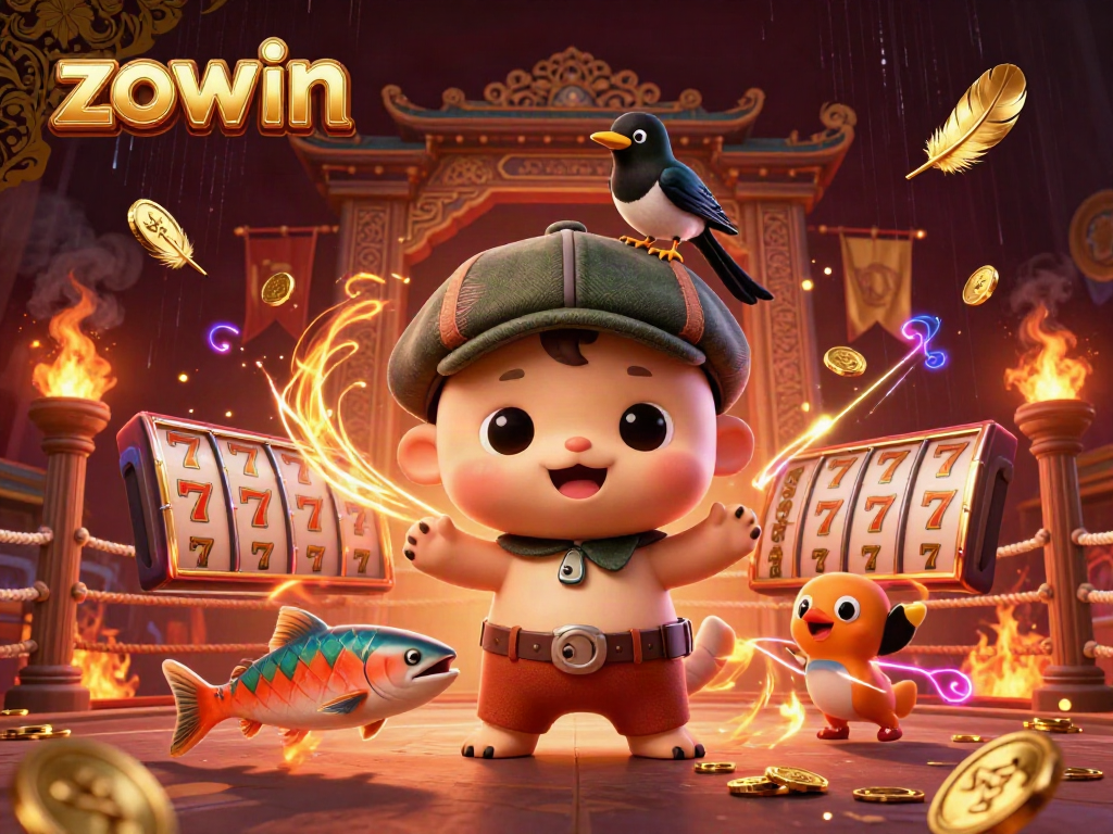 Zowin engages players in an exciting casino scene with cartoon characters amidst swirling golden elements.