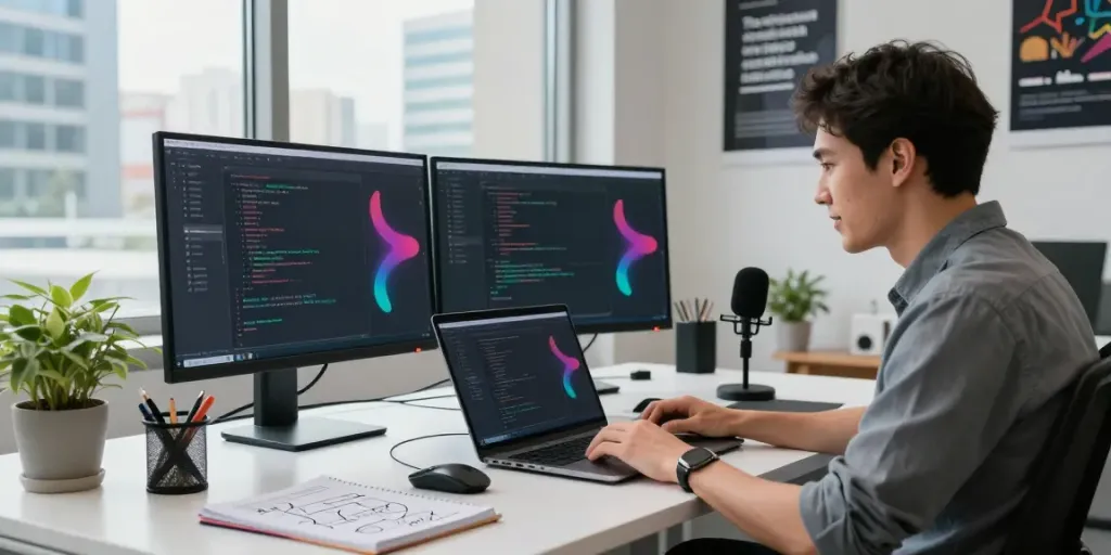Professional working on instant indexing tools at a modern tech workspace.