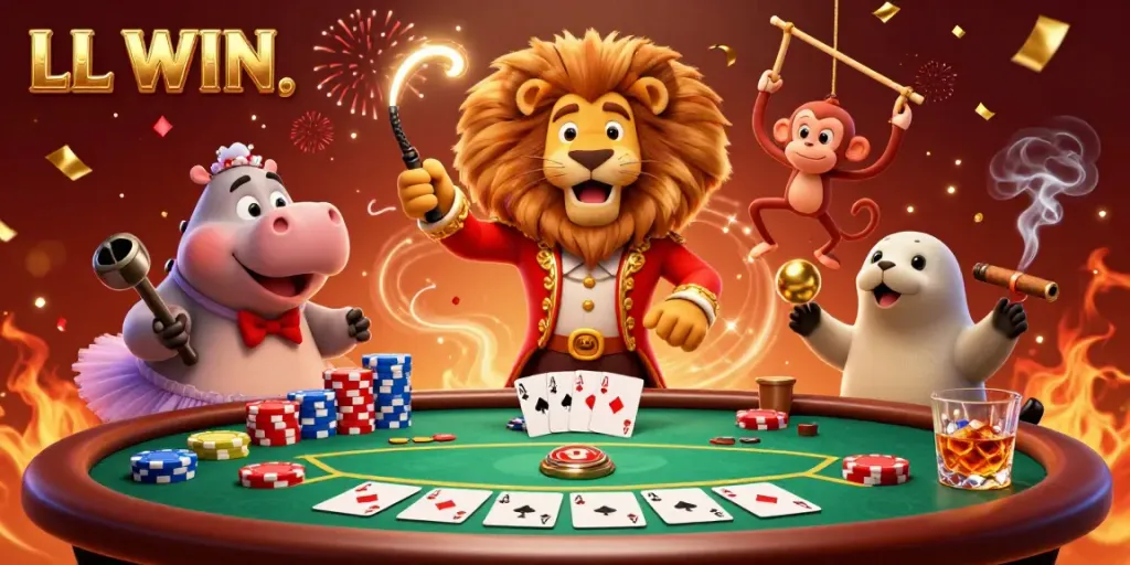 Experience gaming excitement with LL WIN's thrilling poker scene featuring cartoon characters.