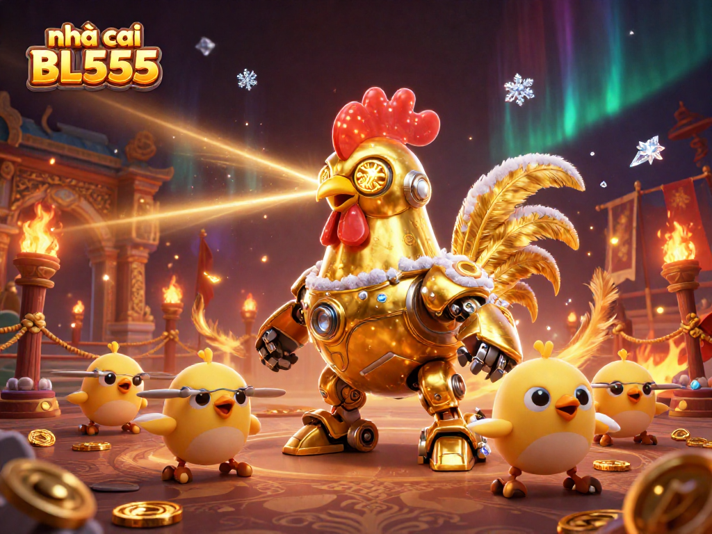 Experience the thrilling action at nhà cái BL555 with dynamic golden rooster robots and vibrant gaming elements.