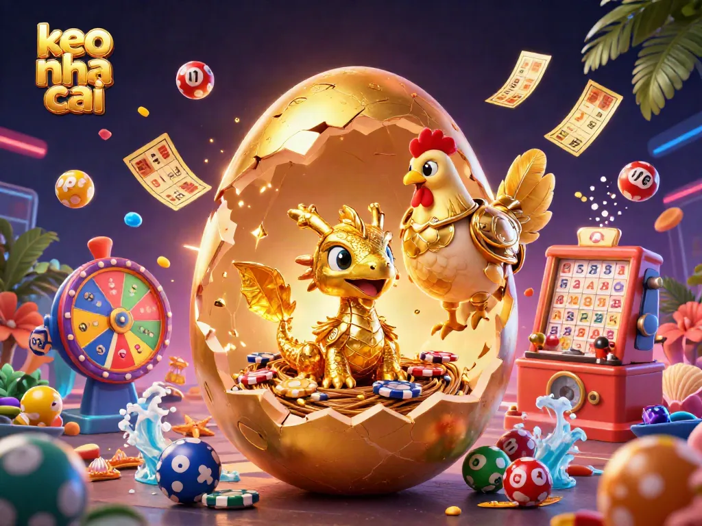 Engage with keo nha cai as a golden dragon emerges from a casino egg, revealing vibrant game themes.