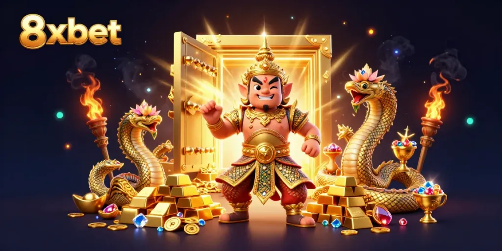 Experience thrilling moments with 8xbet's dynamic gaming features amid a treasure-filled scene.