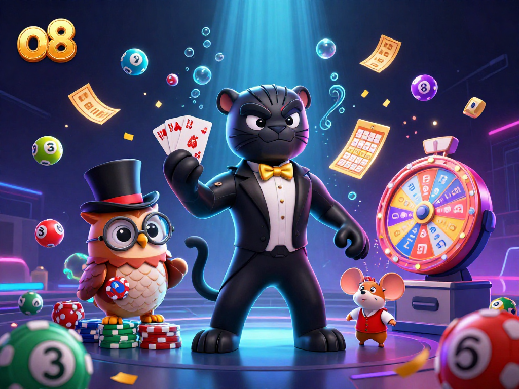 Experience exciting games at o8 with a playful panda, owl, and lucky mouse, amid vibrant casino elements.