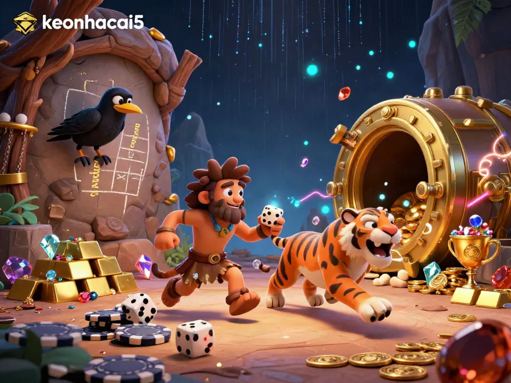 Engage with keonhacai5 by experiencing a vibrant prehistoric casino scene with dynamic gaming elements.