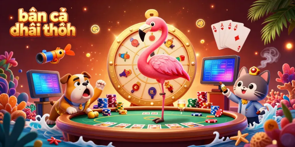 Engage in bắn cá đổi thưởng with an exciting game show scene featuring a flamingo and bulldog.