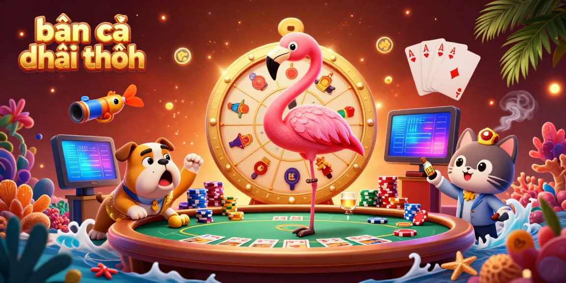 Engage in bắn cá đổi thưởng with an exciting game show scene featuring a flamingo and bulldog.