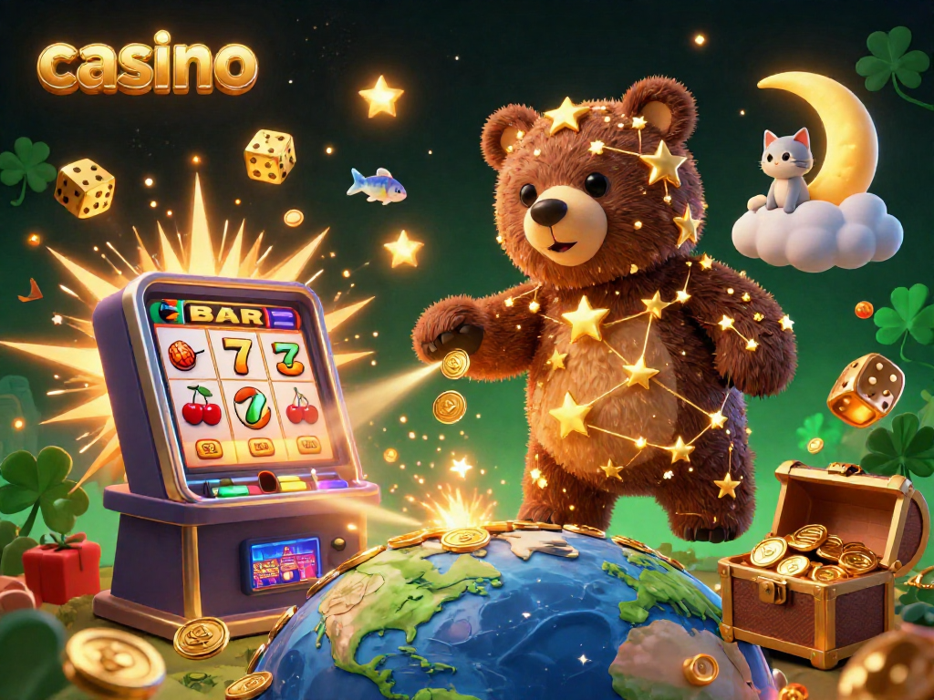 Visualize exciting casino action with a jackpot explosion, lucky symbols, and a cosmic bear in this vibrant scene.