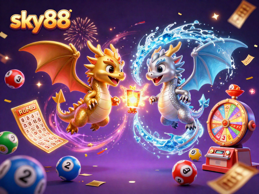 Experience excitement at sky88 with colorful lottery elements and dynamic dragons enhancing the casino vibe.