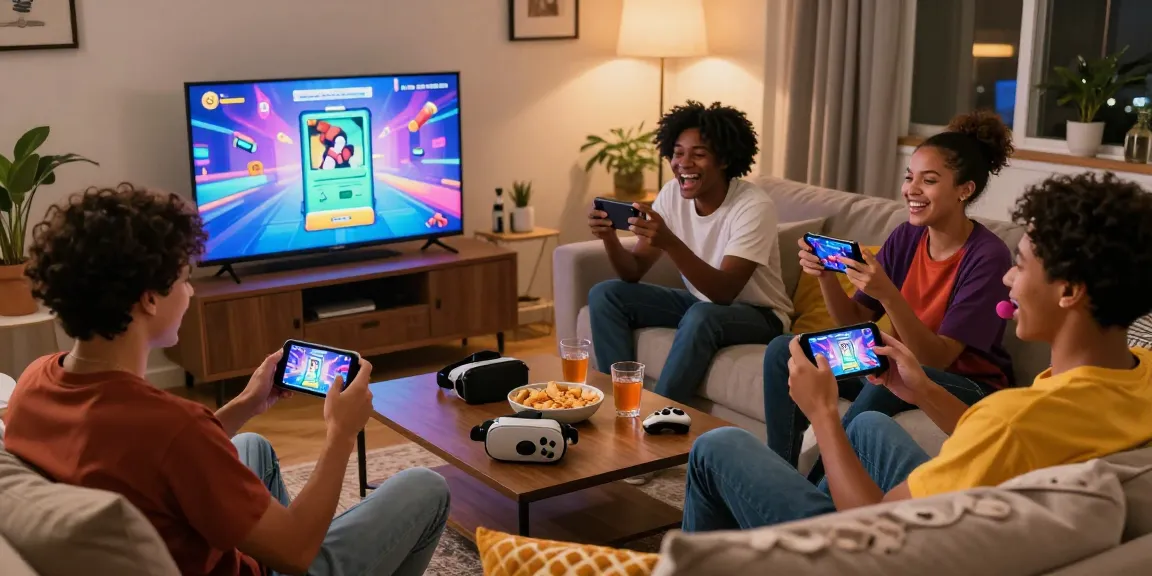 Friends enjoying mobile porn games together in a cozy living room.