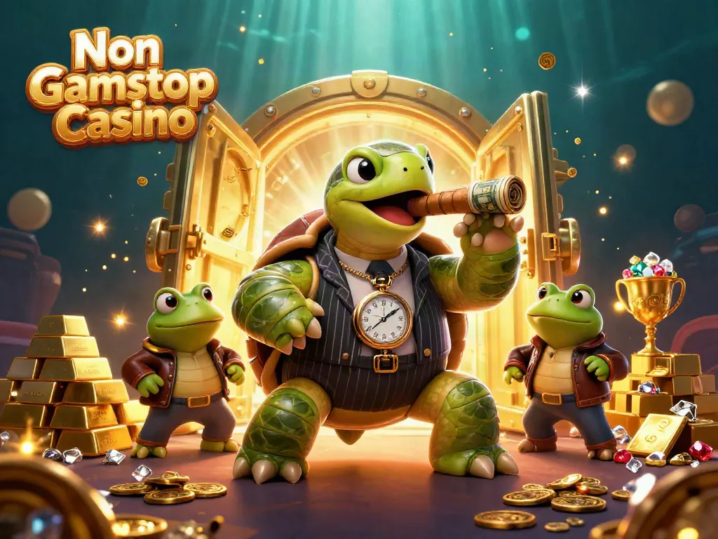 Experience the thrill of a Non Gamstop Casino with cartoon characters and a treasure-filled scene.
