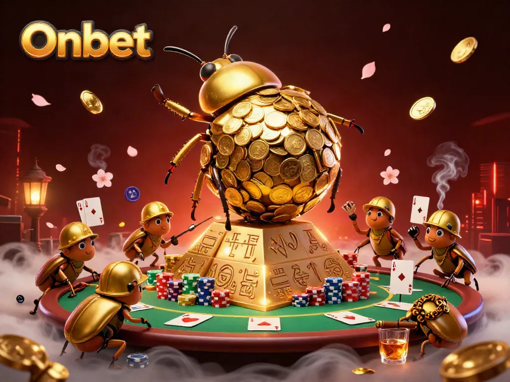 Onbet showcases dynamic 3D casino scene with beetles and poker elements.