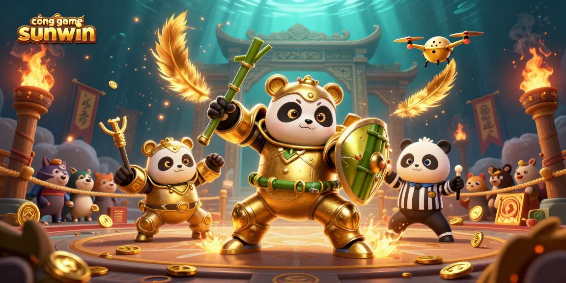 Engage in thrilling action at cổng game sunwin, featuring a golden panda mech-suit in an energetic gambling arena.