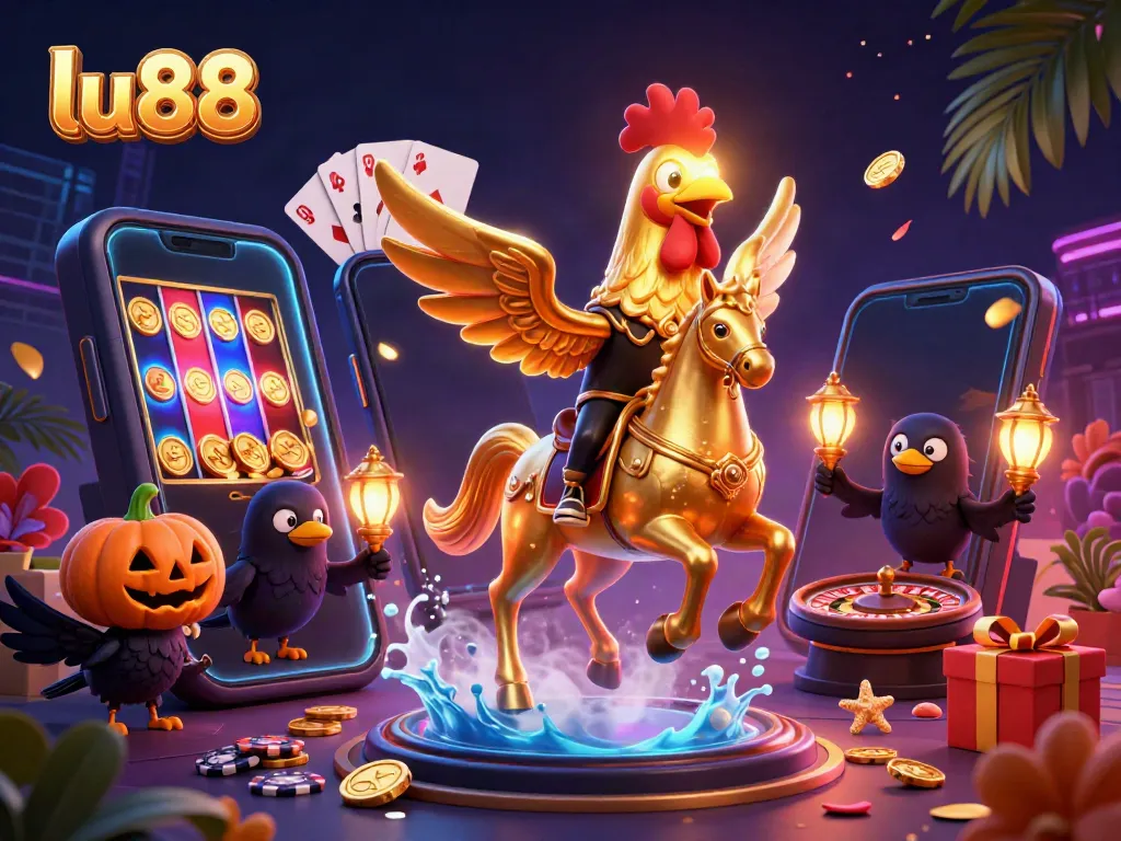 Experience thrilling gaming at lu88 with a lively scene of a golden rooster and friends in a dazzling casino.