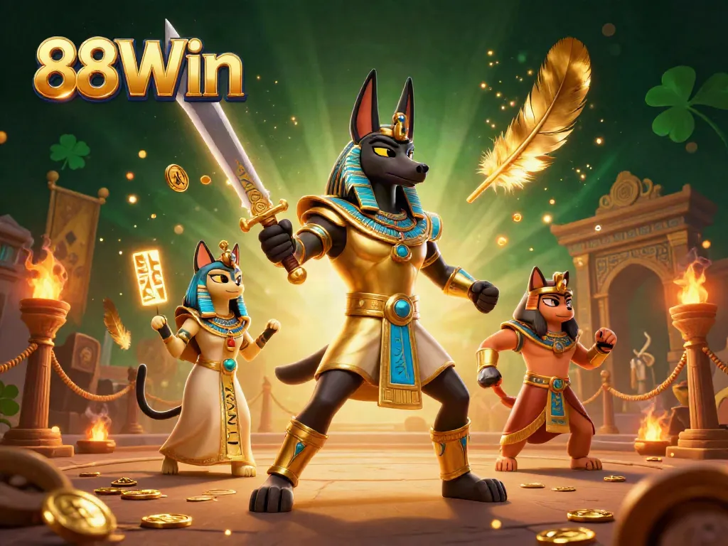 Experience exhilarating gameplay featuring 88Win's Anubis warrior and Bastet in an exciting casino-themed illustration.