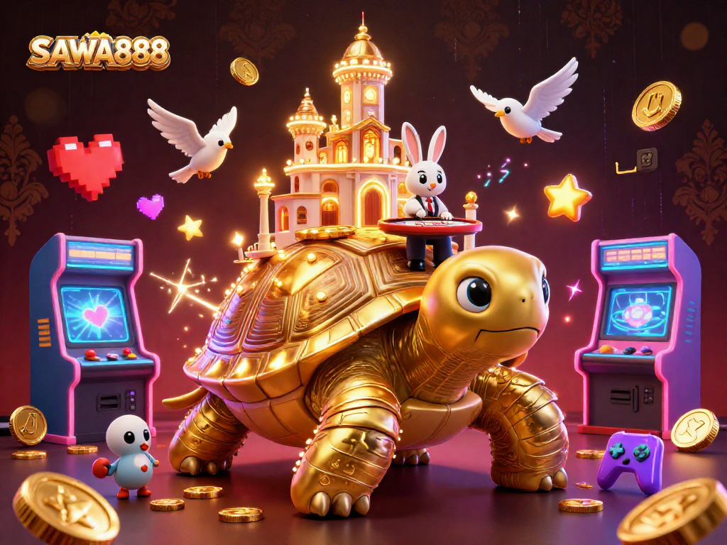 Experience the thrill of SAWA888 with a vibrant casino scene featuring a tortoise, dealer, and flying coins.