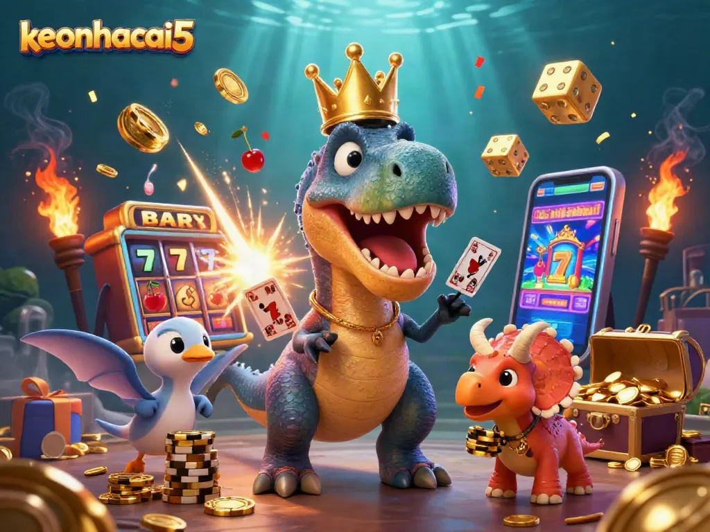 Experience the thrill with keonhacai5 as a T-Rex shuffles cards surrounded by flying casino elements.