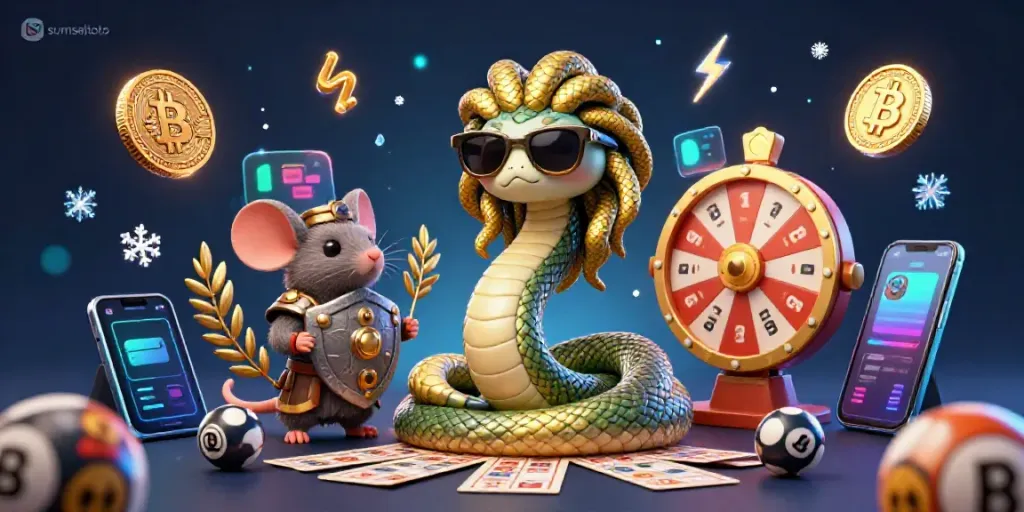 Experience thrilling lottery action with sumseltoto featuring Medusa and a warrior mouse, surrounded by vibrant gaming elements.