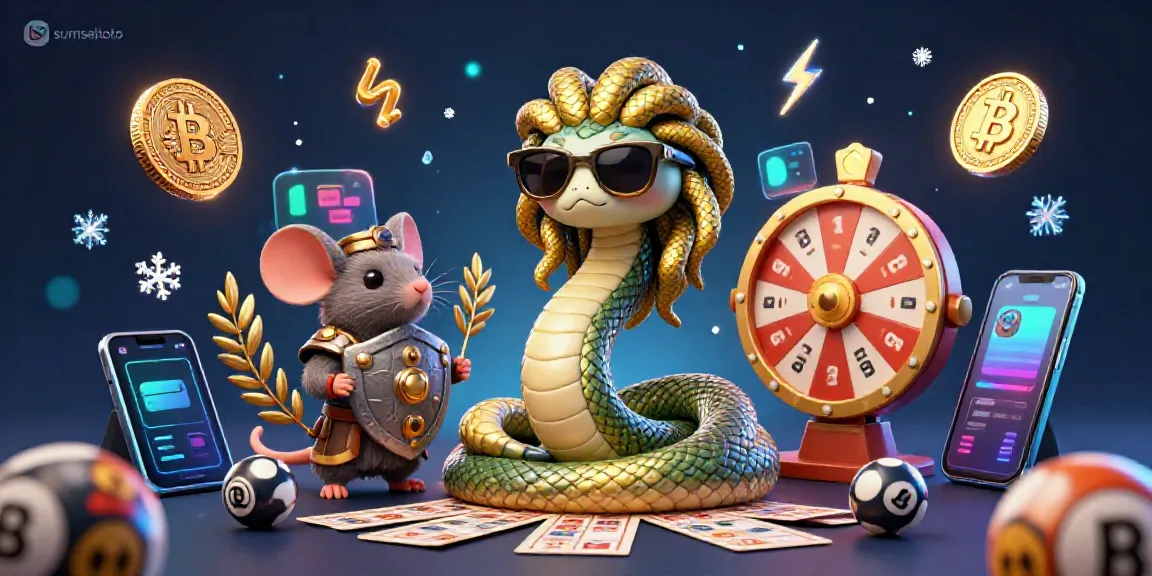 Experience thrilling lottery action with sumseltoto featuring Medusa and a warrior mouse, surrounded by vibrant gaming elements.
