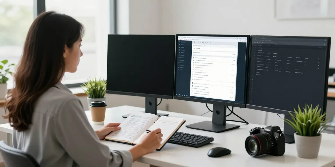 Domain name search UK in a modern workspace featuring a woman working on multiple screens.